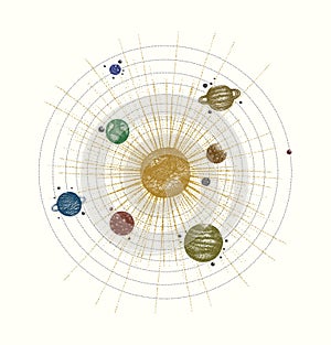 Solar system in dotwork style. planets in orbit. vintage hand drawn colorful illustration.