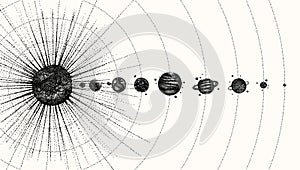 Solar system in dotwork style. planets in orbit. vintage hand drawn illustration.