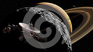 Saturn, Saturn moon and Voyager probe 3d illustration background, elements of this image are furnished by NASA photo