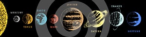 Solar system infographics in vector. Hand drawn illustration of eight planets