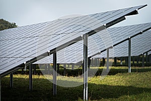 Solar system panels in the large photovoltaic power plant in the green field