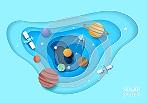 Solar system in paper art style. Galaxy paper cut with satellites and planets. Vector illustration design