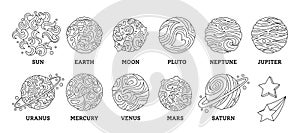 Solar system planet line set doodle space vector