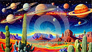 Solar system planet moon night desert sky vibrant cosmic wave art