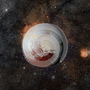 Solar system planet Pluto on nebula background.