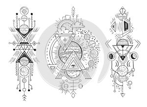 Solar system planet sketch. Parade of planets, moon phases and hand drawn astrology. Astrological tattoo vector