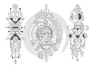 Solar system planet sketch. Parade of planets, moon phases and hand drawn astrology. Astrological tattoo vector photo