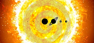 Solar system, planets against the sun. Silhouette of the planets, Sun in the background. Ratio of the quantities