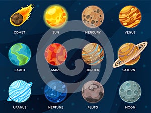 Solar system planets. Astronomy science, galaxy sun circle. Cartoon moon earth venus asteroid, cosmos or universe recent