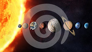 Solar system planets with big sun and stars. Elements of this image furnished by NASA