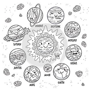 Solar system. Planets character set in cartoon style