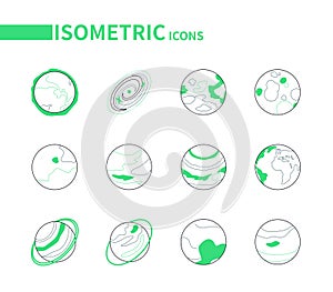 Solar system planets - line isometric icons set