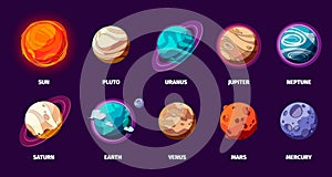 Solar system planets set. Colorful cartoon space planets, Sun Earth Moon Mars Venus Saturn, cosmic universe concept