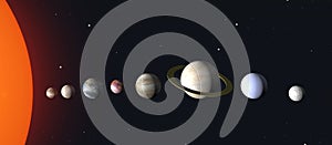 Solar system of planets in space 3d. The sun, Earth, Mars, Jupiter and other space objects against the background of the