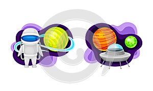 Solar System planets, space planets and alien spaceship. Fantastic cosmic vector illustration