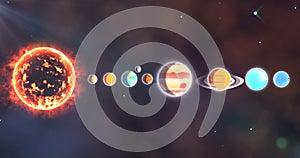 Solar system with sun and planets in a row