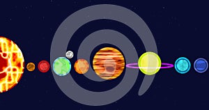 Solar system with sun and planets in a row