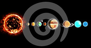Solar system with sun and planets in a row