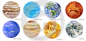 Solar System. Universe Planets watercolor set