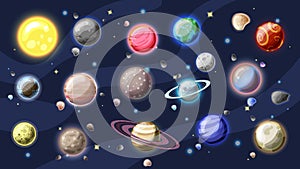 Solar system vector cartoon collection. Planets, moons of Earth, Jupiter and other planet of Solar system, with