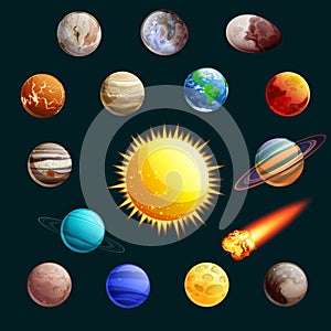 Solar system vector illustration. Sun, planets, satelites cartoon space icons and design elements photo