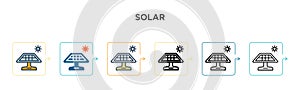 Solar vector icon in 6 different modern styles. Black, two colored solar icons designed in filled, outline, line and stroke style