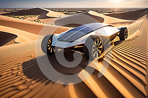 Solar Vehicle Equipped with Cutting-Edge Technology Traverses Undulating Sandy Landscape, Casting Dynamic Shadows