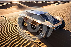 Solar Vehicle Equipped with Cutting-Edge Technology Traverses Undulating Sandy Landscape, Casting Dynamic Shadows
