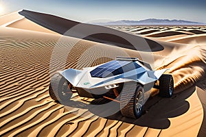 Solar Vehicle Equipped with Cutting-Edge Technology Traverses Undulating Sandy Landscape, Casting Dynamic Shadows