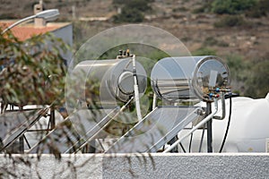 Solar water heater mounted on roof, outdoor