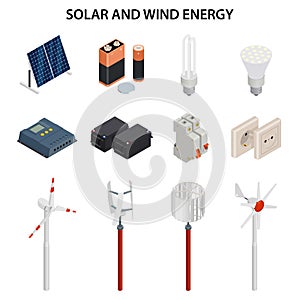 Solar and wind energy generation. Electrical equipment. Vector set.