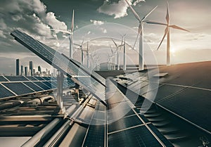 solar and wind infrastructure technology. conceptual digital artwork. Ai generated