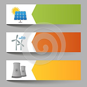 Solar, windmills and nuclear power plants banners