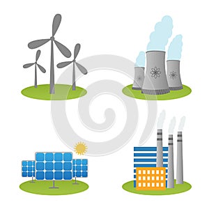 Solar, windmills and nuclear power plants icons