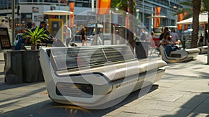 A solarpowered bench in a busy urban plaza offering a resting spot for pedestrians while simultaneously charging