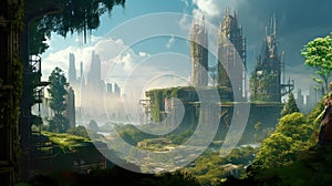 Solarpunk futuristic glass city and nature. Generative AI