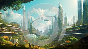 Solarpunk futuristic glass city and nature. Generative AI