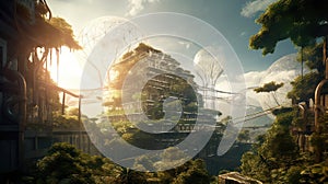 Solarpunk futuristic glass city and nature. Generative AI