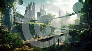 Solarpunk futuristic glass city and nature. Generative AI