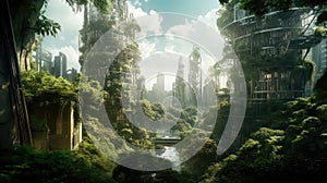 Solarpunk futuristic glass city and nature. Generative AI