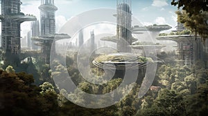 Solarpunk futuristic glass city and nature. Generative AI