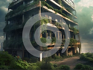 Solarpunk ruins post-apocalyptic world towering vines. AI generated