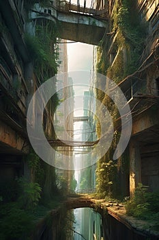 Solarpunk ruins post-apocalyptic world towering vines. AI generated
