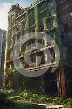 Solarpunk ruins post-apocalyptic world towering vines. AI generated