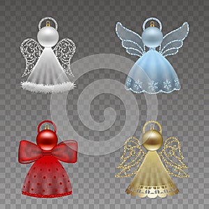 Solated christmas decorations. set of angels made with christmas balls, glitters and ribbons