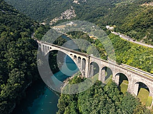 Solcan Bridge over River Soca, Slovenia. Aerial view