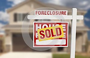 Sold Foreclosure Home For Sale Sign and House