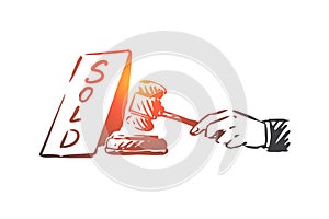 Sold, hammer, auction, sale concept. Hand drawn isolated vector.