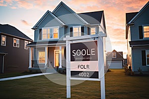 Sold Home For Sale Real Estate Sign In Front of House With Beautiful Sunset, For Sale Real Estate Sign in Front of New House. Real