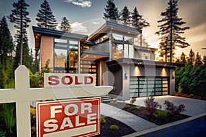 Sold Home For Sale Real Estate Sign in Front of Modern House - Generative AI